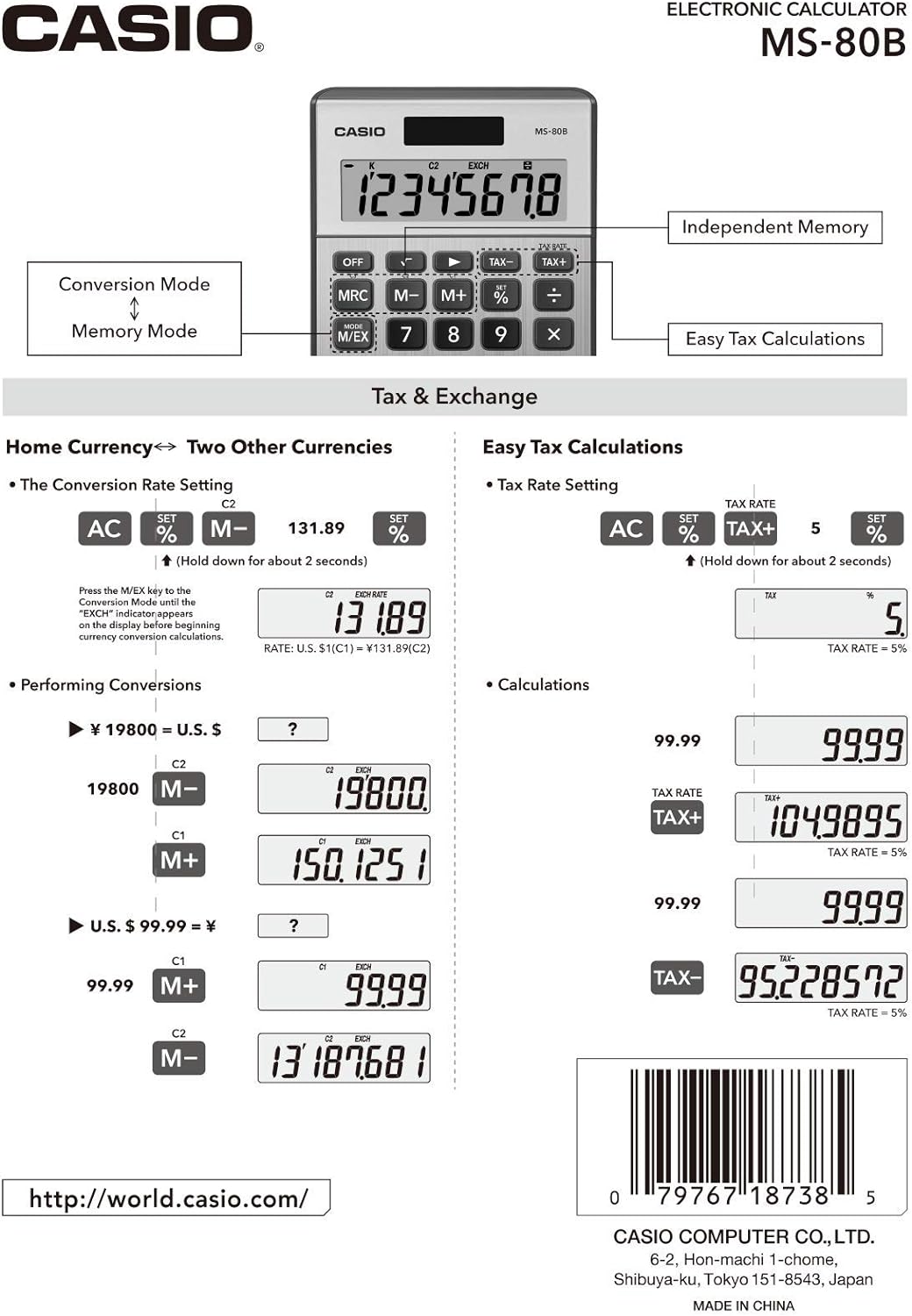 Casio MS-80B Calculator – Desktop Calculator with Tax & Currency Tools | General Purpose | Large Display | Ideal for Home, Office & Everyday Math