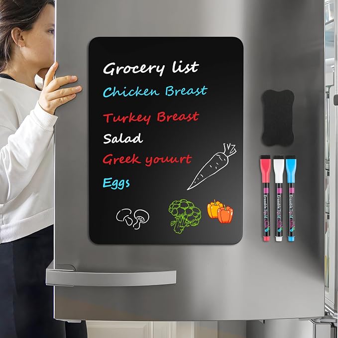 MaxGear Magnetic Black Dry Erase Board, 12 x 8 Inch, Chalk Markers Included | Strong Magnetic Surface, Easy to Write and Erase,Ideal for To-do Lists,Includes 3 Chalk Markers 1 Eraser