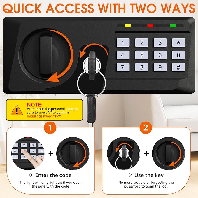 1.3 Cuft Small Fireproof Safe for Home, Personal Security Fire Safe Box with Digital Keypad, Spare Key and Removable Shelf, Home Safes Water and Fireproof for Money, Jewelry