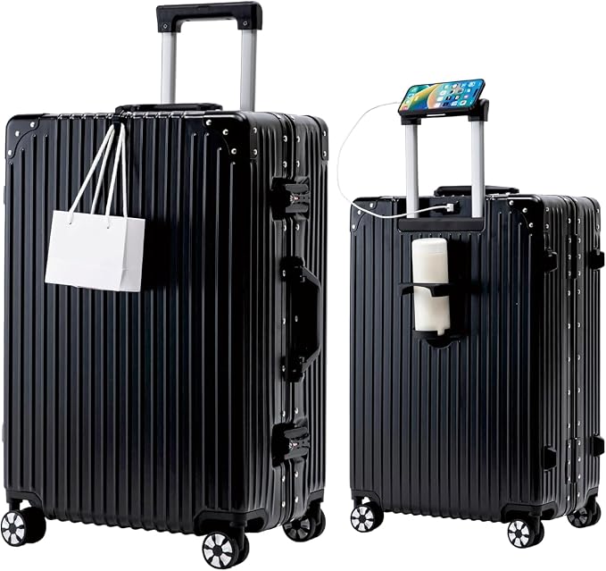26-Inch Aluminum Frame Hardside Checked Luggage, Black | Zipperless large PC suitcase, family travel essentials, dual TSA locks, cup holder, USB port, phone stand, spinner wheels