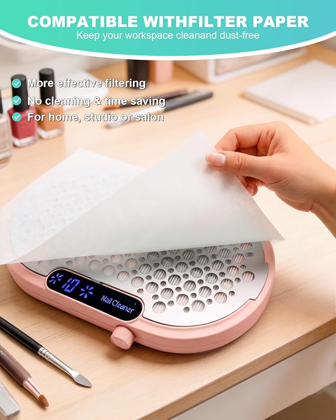 Nail Dust Collector for Nail Tech, 4000RPM Brushless Nail Fan with Dual Turbo, 360° Suction Manicure Dust Vacuum Extractor for Acrylic Dip Gel Polish, Low Noise, 30 Filters—Pink