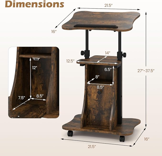 Tangkula Rolling Lectern Podium Stand, Height Adjustable Laptop Table with Tilting Tabletop & Storage Shelves, Compact Standing Desk with Lockable Casters for Home Office School (Rustic Brown)