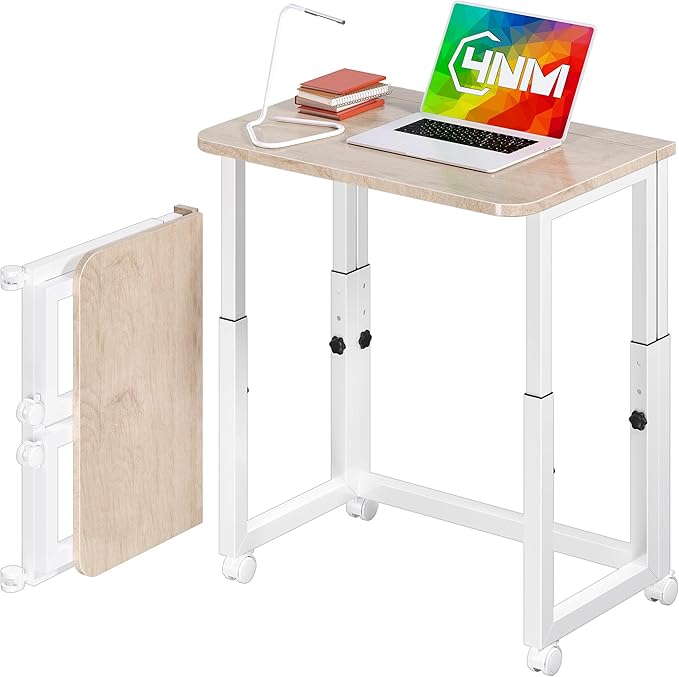4NM No Tool Assembly 23.6" Small Desk, Folding Portable Desk with Wheels, Adjustable Height Foldable Computer Home Office Desks, Collapsible Study Writing Table for Space Saving Bedroom - Cloud Oak