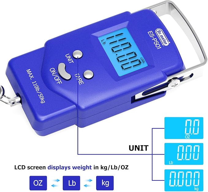 Dr.meter Fish Scale, 110 lb Digital Luggage Scale with Tape | 110 lb Capacity, Backlit LCD, Built-In Tape, Includes 2 AAA Batteries, Compact Pocket Size