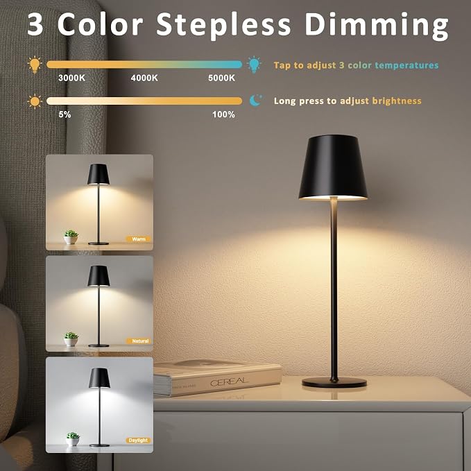 Kakanuo Cordless Table Lamp, 3 Color Stepless Dimming, 5000mAh Rechargeable Battery Powered, Outdoor LED Lamps, for Dining Room, Living Room, Bedroom, Bar, Cafe, Restaurant, Patio, Camping - Black