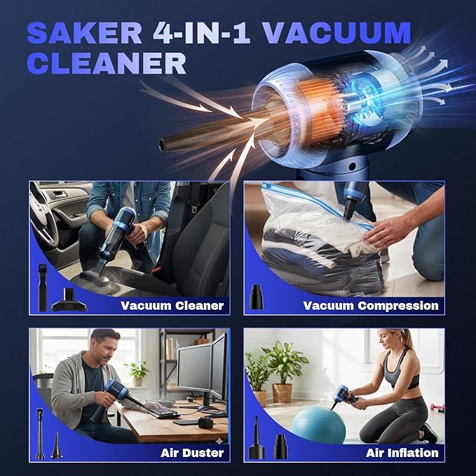 Saker Car Vacuum Portable Cordless 20000Pa Suction Power 4 in 1 Handheld Vacuum with LED Light Type-C Portable Mini Vacuums for Valentine's Day Gifts Car, Home, Office, Pet HL157 Blue