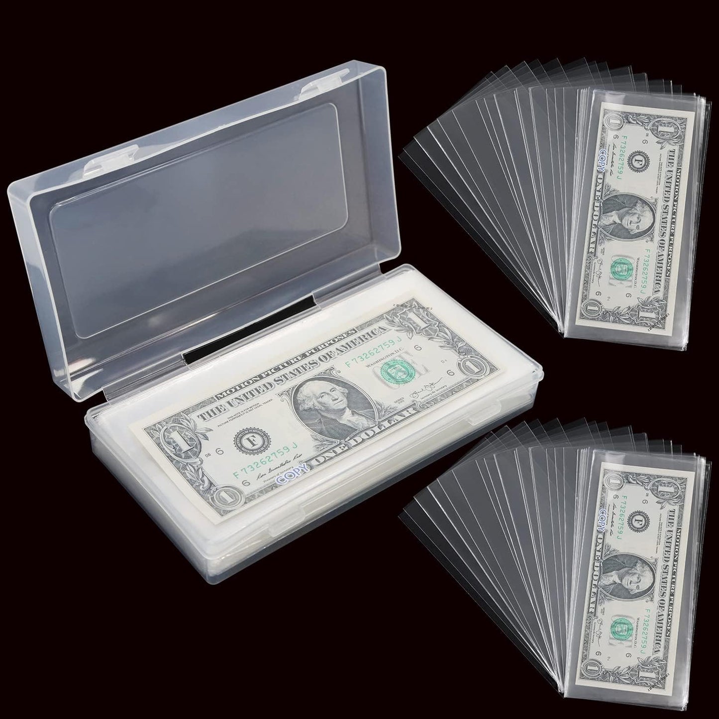 200 Pieces Currency Sleeves, Dollar Bill Holder with Storage Case for Collectors, Plastic Paper Money Holders Money Sleeves Protector for Bills, Album Banknotes Stamp Paper Protector Slab Holder