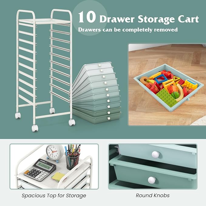 GLACER 10 Drawers Rolling Cart, Storage Cart with w/Removable Drawers & Steel Frame, Utility Mobile Trolley w/Universal Casters & 2 Brakes, Organizer Cart for Home, Office (Green Gradient)