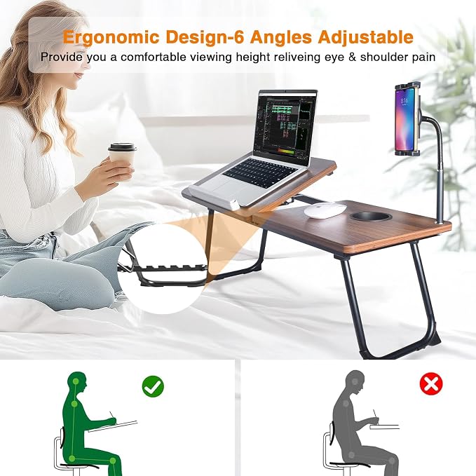 wishacc 28.7" Extra Wide Laptop Lap Desk for Bed and Sofa, Adjustable Bed Desk with Flexible Phone & Tablet Mount, Portable Black Lap Tray Table for Floor Couch Work, 2 Book Clips Included