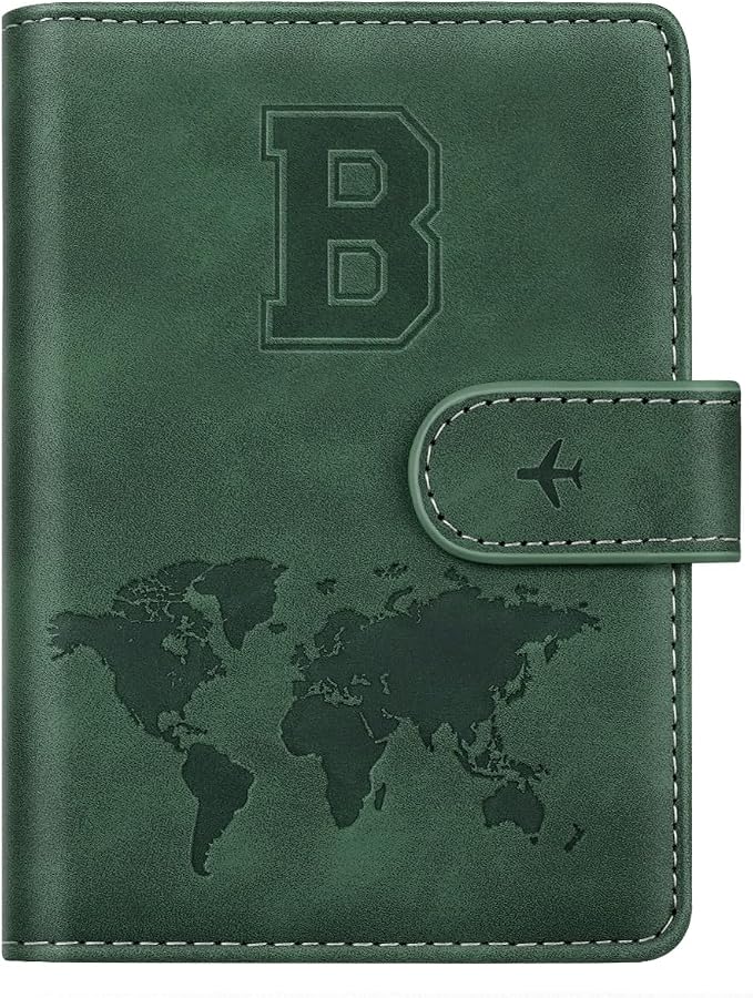 Passport Holder Wallet Cover Personalized Initial Travel Essentials | Embossed Letter A-Z Design, Travel Wallets, RFID Blocking, Passport Book Holders, Women and Men, Personalized Gifts, Green-B
