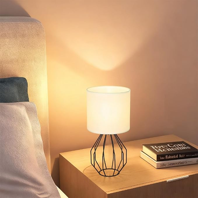 Small Table Lamp Set of 2 Black, Bedside Lamps with Metal Cage & Linen Lampshade, Cute Desk Lamps for Nightstand, Bedroom, Kids Room, Office