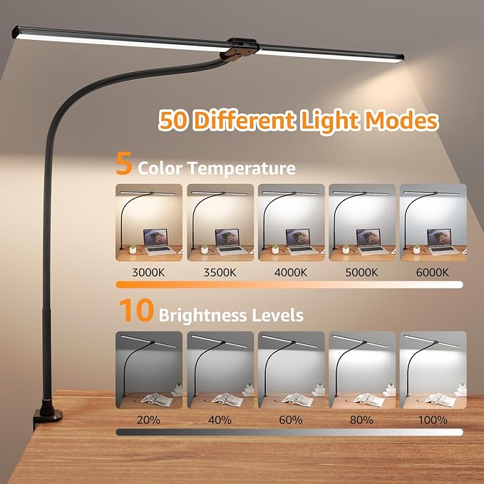 ShineTech LED Desk Lamp for Home Office, Ultra Bright Clamp Light with Flexible Gooseneck, 25 Lighting Modes, Eye-Caring Architect Lamp for Dual Monitors, Reading & Gaming Setup