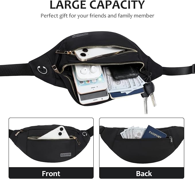 Fashion Cross body Fanny Pack Shoulder Bag for Women Men with Gold Zipper | 4-Zipper Pockets, Versatile,Fit All Phones,Key Chain,Gifts for Enjoy Sports Yoga Festival Workout Running Casual