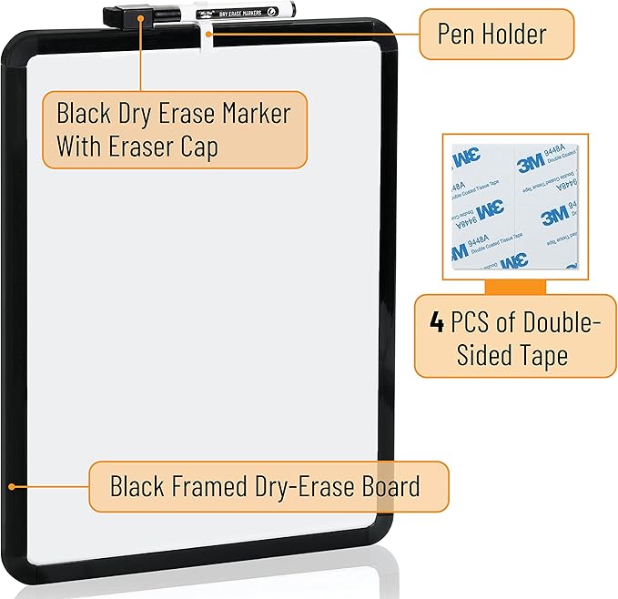 Mr. Pen- Dry Erase Board, 14” x 11” with a Black Dry Erase Marker | Black Frame, Small Mini White Board for Students, Fridge, Wall, Locker, Includes Double Sided Tapes