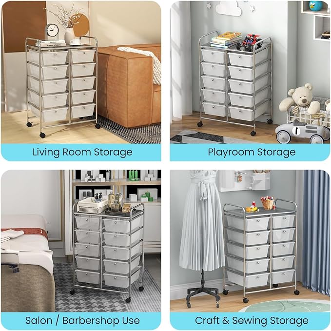10 Drawer Rolling Cart, Storage Cart Organizer on Wheels, Drawer Cart with Metal Frame & Large Storage Capacity, Rolling Cart with Drawers for Living Room Classroom, Office