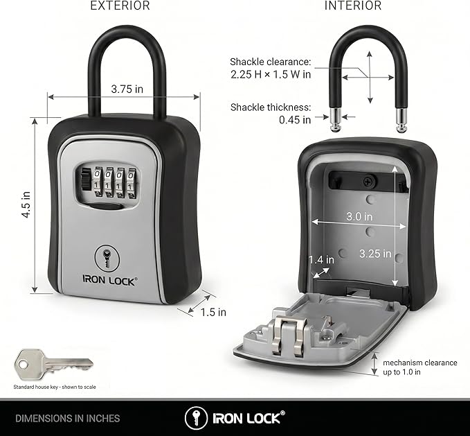 Iron Lock® Medium Key Lock Box with Code, U-Shackle Opens Fully Out (Grey) | Built-in key hooks + catch tray; hangs on handles, gates, fences or a hasp; wall-mountable; dial cover; no batteries