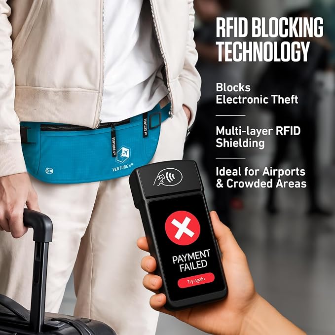 VENTURE 4TH Travel Money Belt, RFID Blocking Passport Holder - Blue