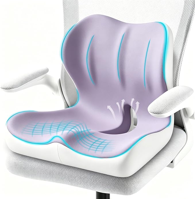 Seat Cushion for Office Chair and Car, Ergonomic Memory Foam Seat Cushion with Lumbar Support Pillow, Orthopedic Cushion for Sciatica & Back Pain, Purple & Light Gray