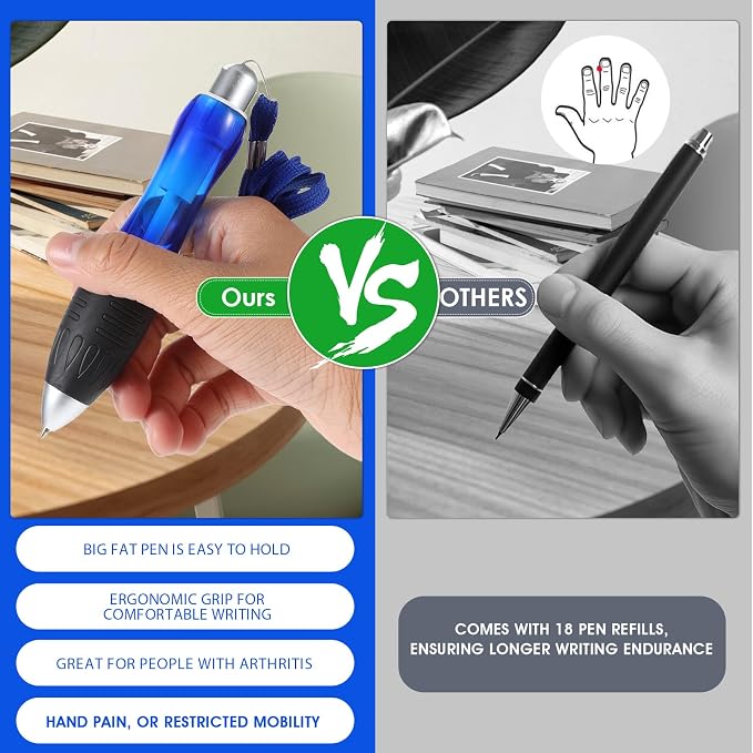 Sibba Heavy Weighted Ballpoint Pens 3 Pack Big Fat Pens with Refills - Wide Grip Assistive Writing Pens for Tremors, Carpal Tunnel, Weak Hands - Office & Home Use (Blue)