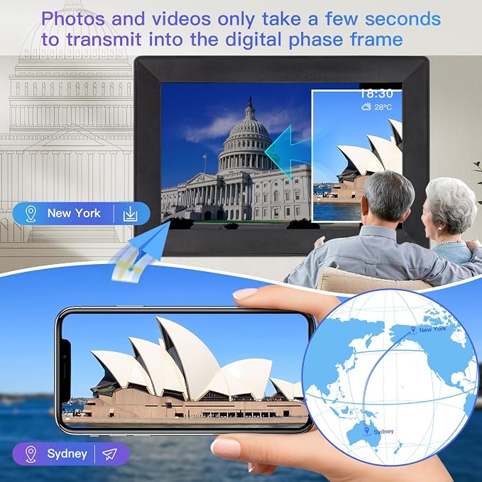 Digital Picture Frame, 10.1 Inch Digita Photo Frame WiFi, 1280x800 IPS HD Touch Screen 16GB Storage Space,Wall-Mounted,Auto-Rotate, Instantly Share Photos/Videos via App,Black