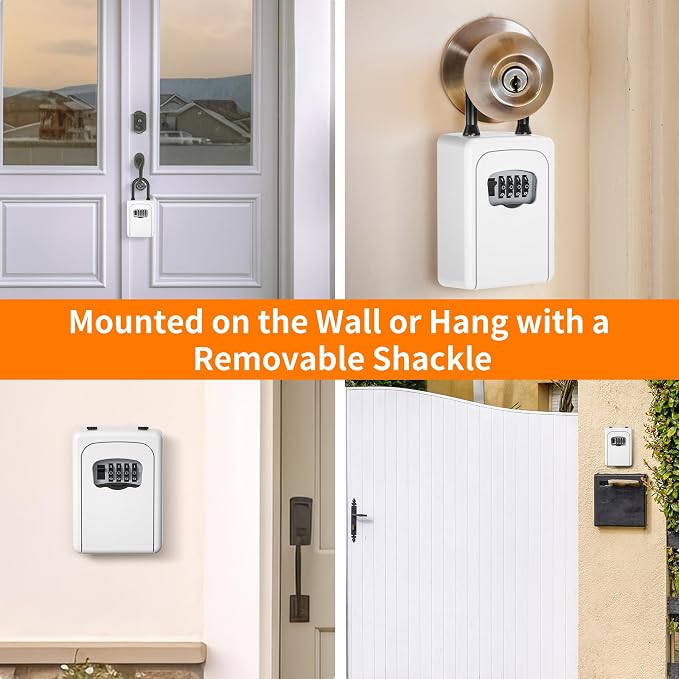 Portable Key Lock Box, Upgrade Clearly Visible Numbers, Lock Box Wall Mounted for House Key, 5 Key Capacity, Weatherproof Resettable Code (White, 2)