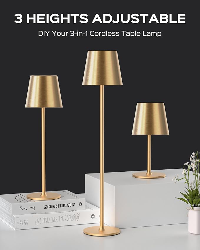 JACKYLED Cordless Table Lamps Rechargeable, 3 Adjustable Height, 5000 Capactiy Operated, 3 Colors Smooth Dimming, Portable LED Waterproof Table Lamp for Dining, Bedroom, Outdoor-Gold