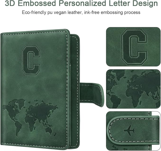 Passport Holder Wallet Cover Personalized Initial Travel Essentials | Embossed Letter A-Z Design, Travel Wallets, RFID Blocking, Passport Book Holders, Women and Men, Personalized Gifts, Green-C