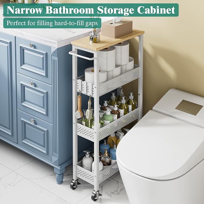 Slim Rolling Storage Cart 4 Tier Bathroom Organizer Mobile Shelving Unit Utility Cart with Wood Top and Handle for Kitchen Laundry Narrow Places, White