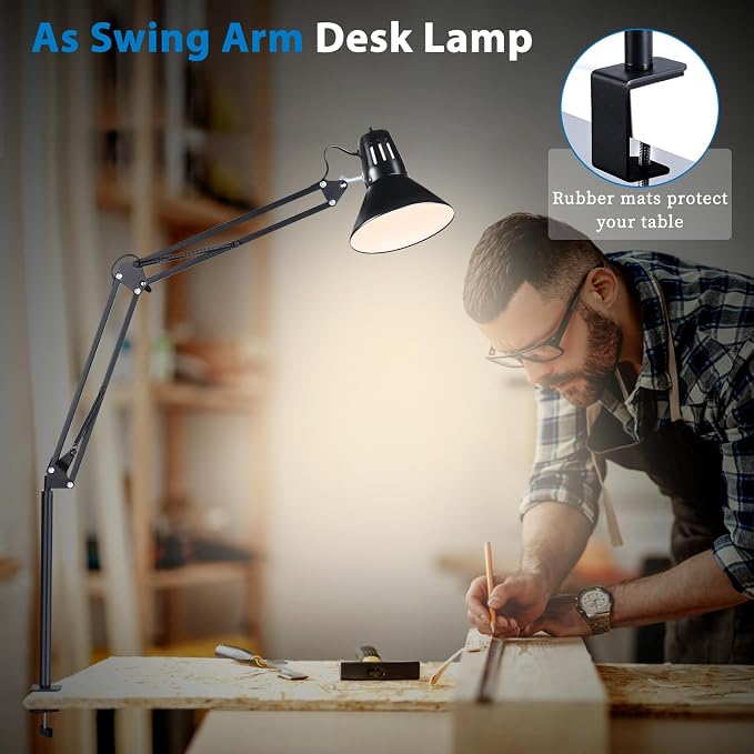 Swing Arm Desk Lamp for Home Office 360°Adjustable | Tall Metal Clamp on lamp with Bulb,Eye-Caring Clip on Desk Light for Computer Work Study Reading and Drafting