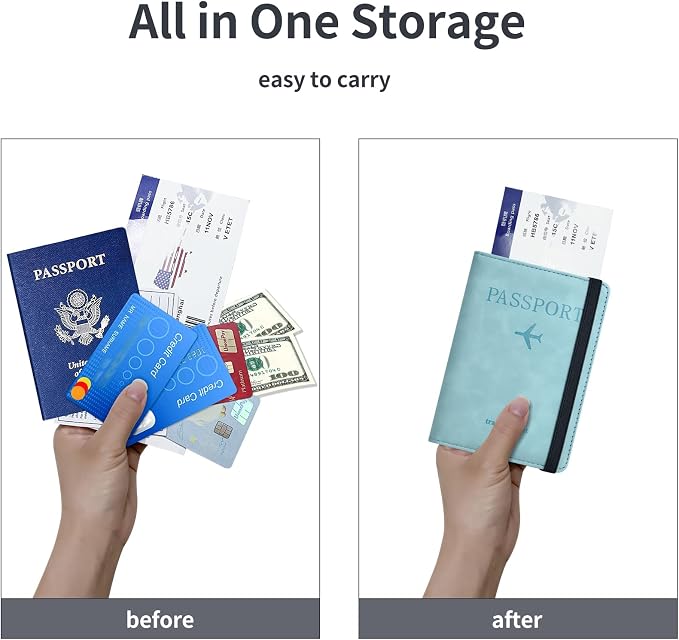 Passport Holder, Passport Cover with Credit Card Slot and Boarding Pass Slot Combo, Passport Wallet Case Book Travel Must Have, RFID Blocking Leather Travel Accessories, Sky Blue