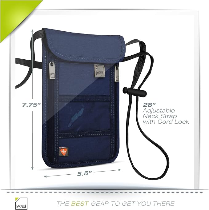 Lewis N. Clark Stash Neck Travel Wallet | RFID Blocking Passport Holder | Protect Personal Information | Navy