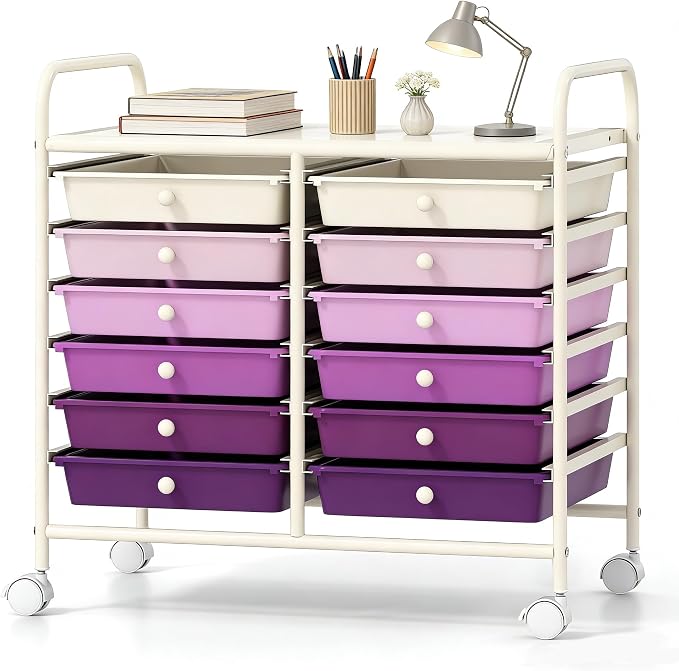 COSTWAY 12-Drawer Rolling Storage Cart, Utility Storage Organizer Cart | For Tools, Scrapbook, Paper, Craft, Multipurpose Art Supply on Wheels for Home Office School, Teacher, Purple Gradient
