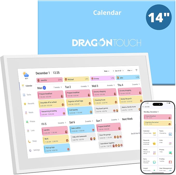 Dragon Touch 14 inch Digital Calendar & Chore Chart - Interactive Touchscreen Smart Family Planner,Digital Picture Frame for Mom, Women, Christmas & Weddings