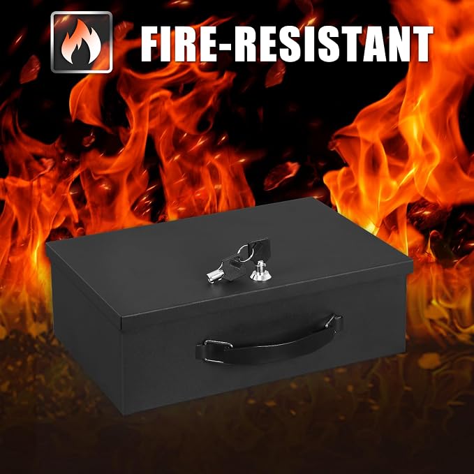 xydled Fireproof Document Box with Key Lock, Fire Safe Box, Black | Fire and water resistant lock box for documents, passports, cash and valuables, keeping secure at home, 13.2 x 11 x 4 Inch
