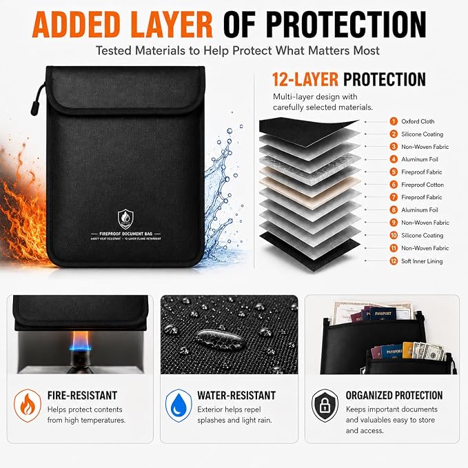 Fireproof Document Bag Set, 6400°F, 15.4x11.2'', 8.7x5.9'' | 12-layer Fireproof & Water Resistant File Bag, Non-itchy Fiberglass, Large File Storage & Money Pouch