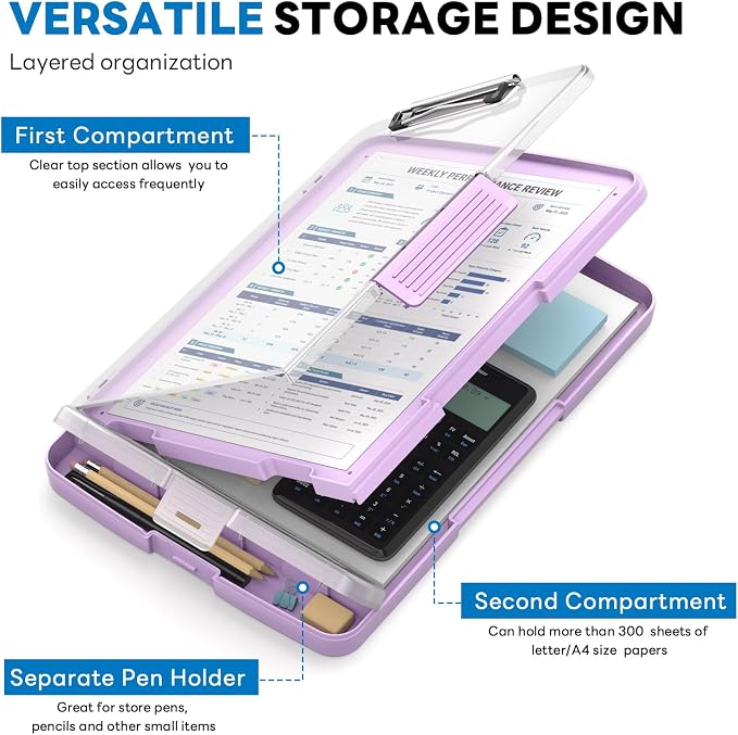 Clipboard with Storage and Pen Holder, Light Purple 8.5 x 11'' Folder Side Open, Heavy Duty with Dual Compartment, Clear Dry Erase for Coach, Size 14.5 x 9.8 x 1.5'', Office & School Supply