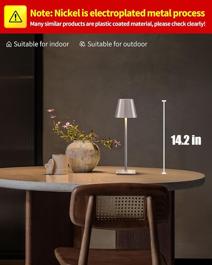 KDG 2 Pack Cordless Brushed Nickel Table Lamps, Portable LED Desk Lamp | 4000mAh Battery Operated 3 Color Stepless Dimming Up for Restaurant, Bedroom, Outdoor Party, Camping, Coffee Shop, Nightlight