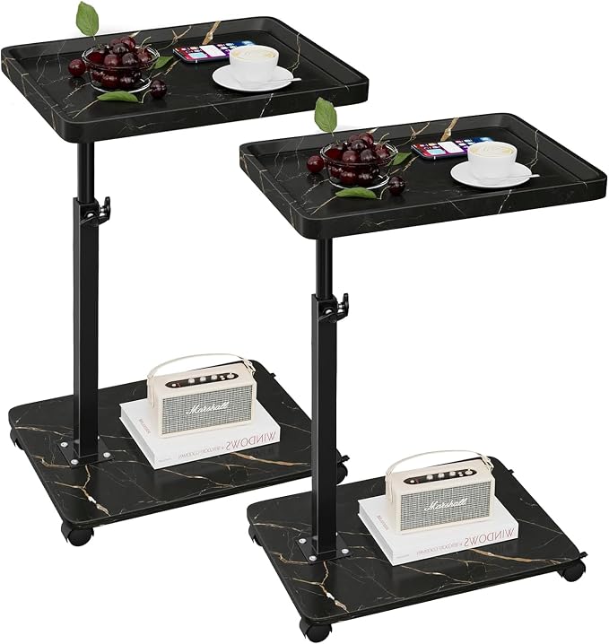 C Table End Table Adjustable Height, 360°Swivel TV Tray Table for Small Spaces, Couch Tables That slide under, C Shaped Side Tables living room and bedroom for Sofa, Bed,Chair, Snack (2, Black)