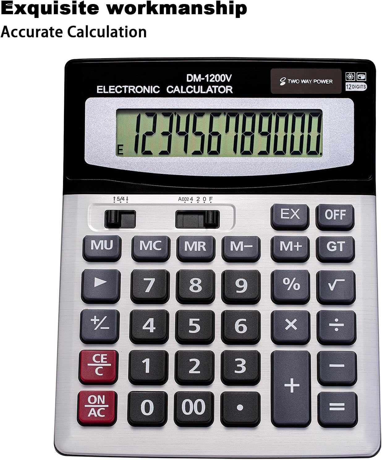 12 Digit Desktop Calculator with Large LCD Display and Sensitive Button, Dual Solar Power and Battery, Standard Function for Office (YE1200v)
