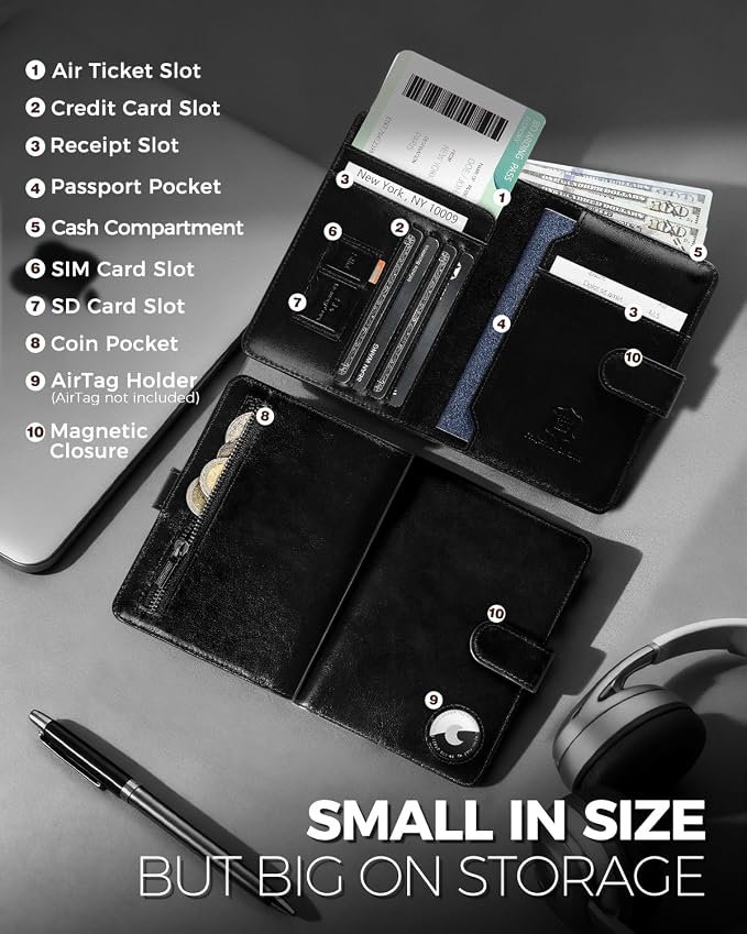 Passport Holder for Travel: Full Grain Leather Passport Cover with Airtag Holder Magnetic Buckle for Men - RFID Blocking Bifold Wallet for Air Ticket Card Cash Coin (Black)