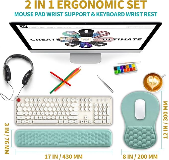 Hokafenle 2 in 1 Ergonomic Mouse Pad Wrist Support & Wrist Rest for Computer Keyboard Set, with Relieve Carpal Tunnel Pain Massage Bulge and Full Memory Gel Design (2In1 Set, Light Blue)