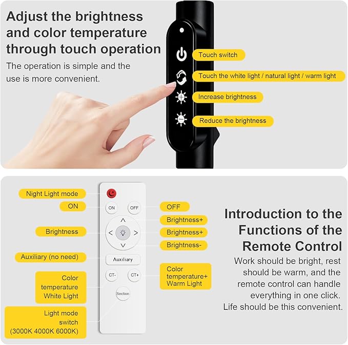 Bright LED Eye-Protecting Reading Floor Lamps Touch and Remote Dimming 3000-6000k, Tattoo Craft Drawing Makeup Adjustable Gooseneck Standing Light,Living Room Chair Sofa Bedroom Office