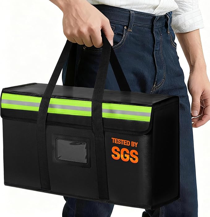 Large Fireproof Document Bag for Home Safe Storage, 15 x 12 x 6in, Black | 2000°F fireproof document box, 4-layer fiberglass important document storage for photo, file and cash with reflective strip