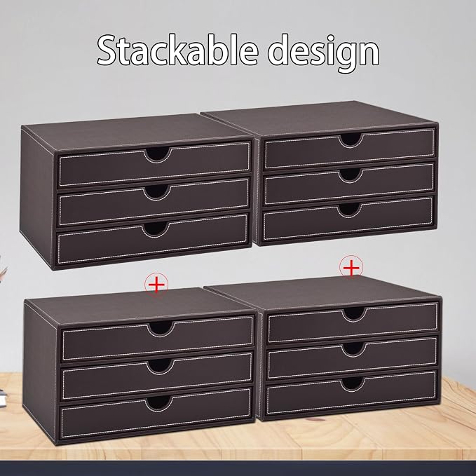 PU Leather Desk Organizer with 3 Drawers,Executive Office Supplies Desktop Filing A4 File Cabinet/Holder for Jewelry/Bill/Paper/Documents/Makeup Home Decor Stationery Storage Box,Brown