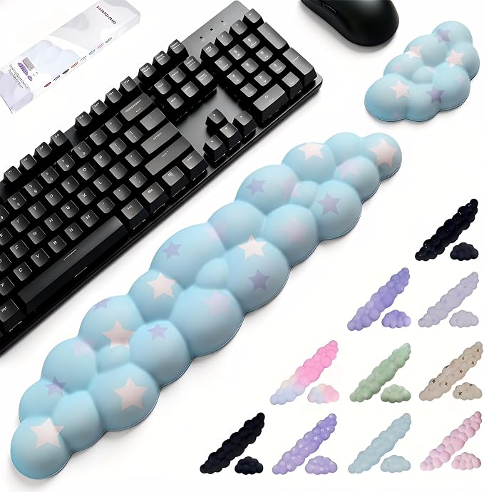 Cloud Wrist Rest Set for Keyboard & Mouse, 16.9", Blue Colorful Star | Memory Foam Arm Rest with Ergonomic Support Fits Full Keyboards and Reduces Typing Fatigue for Office, Gaming and Home Use