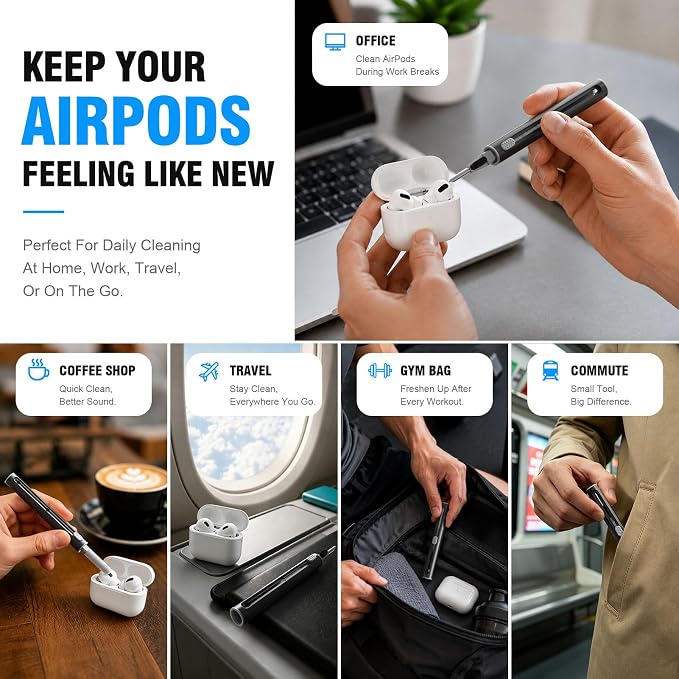 Hyashee Cleaner Kit for Airpods Pro 1 2 3 Multi-Function Cleaning Pen with Soft Brush Flocking Sponge for Bluetooth Earphones Case Cleaning Tools Black