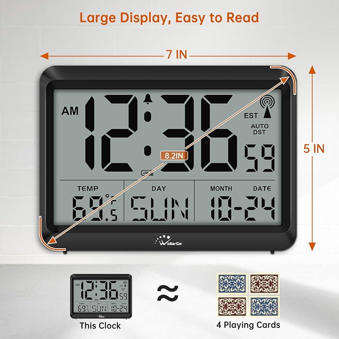 WallarGe Atomic Digital Wall Clock Battery Operated, Self-Setting, Large Display with Temperature, Date, Day of The Week, Silent Wall Mount Digital Clock, 4 Time Zones, DST