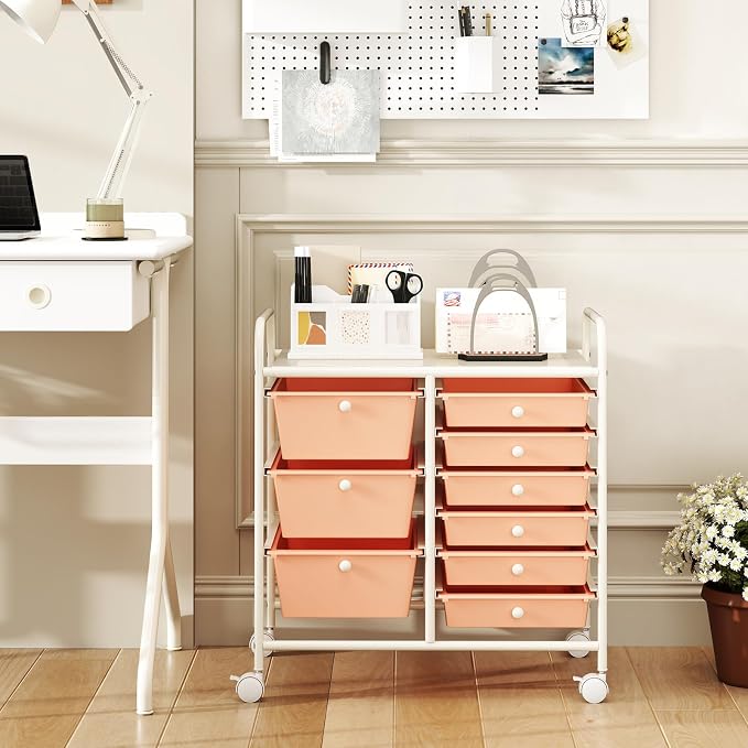 COSTWAY Rolling Storage Cart with 9 Drawer, Utility Cart with Metal Frame | Mobile Art Supply Craft Organizer, Multipurpose Storage Organizer for Paper, Office, School Teacher, Classroom, Peach