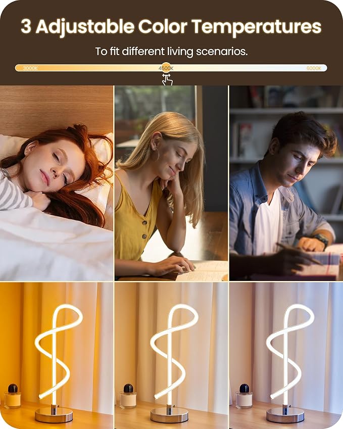 Modern LED Table Lamp, Bedside Lamp with 3 Color Temperatures, Adjustable Brightness, 360° LED Lighting Spiral Design, Sliver Desk Lamp, Spiral Lamp for Bedroom, Living Room, Office, S63TL05