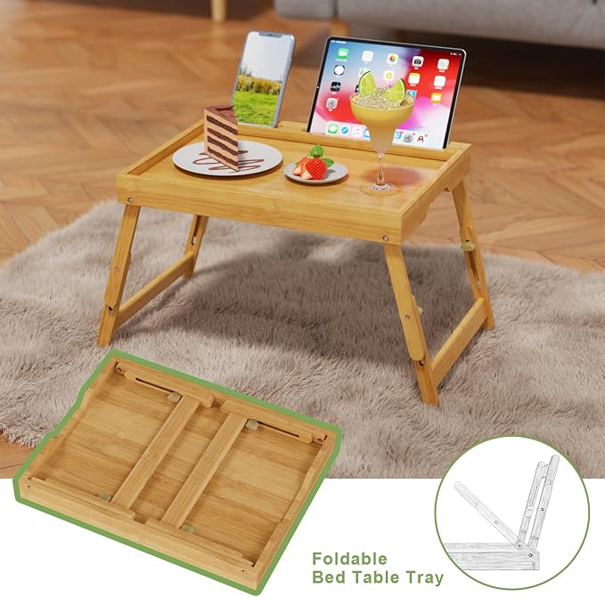 Artmeer Adjustable Bamboo Bed Tray Table with Device Slot, Large, Bamboo | Adjustable FSC-certified bamboo bed tray with device slot, folding legs and handles for meals, laptops and reading in bed.